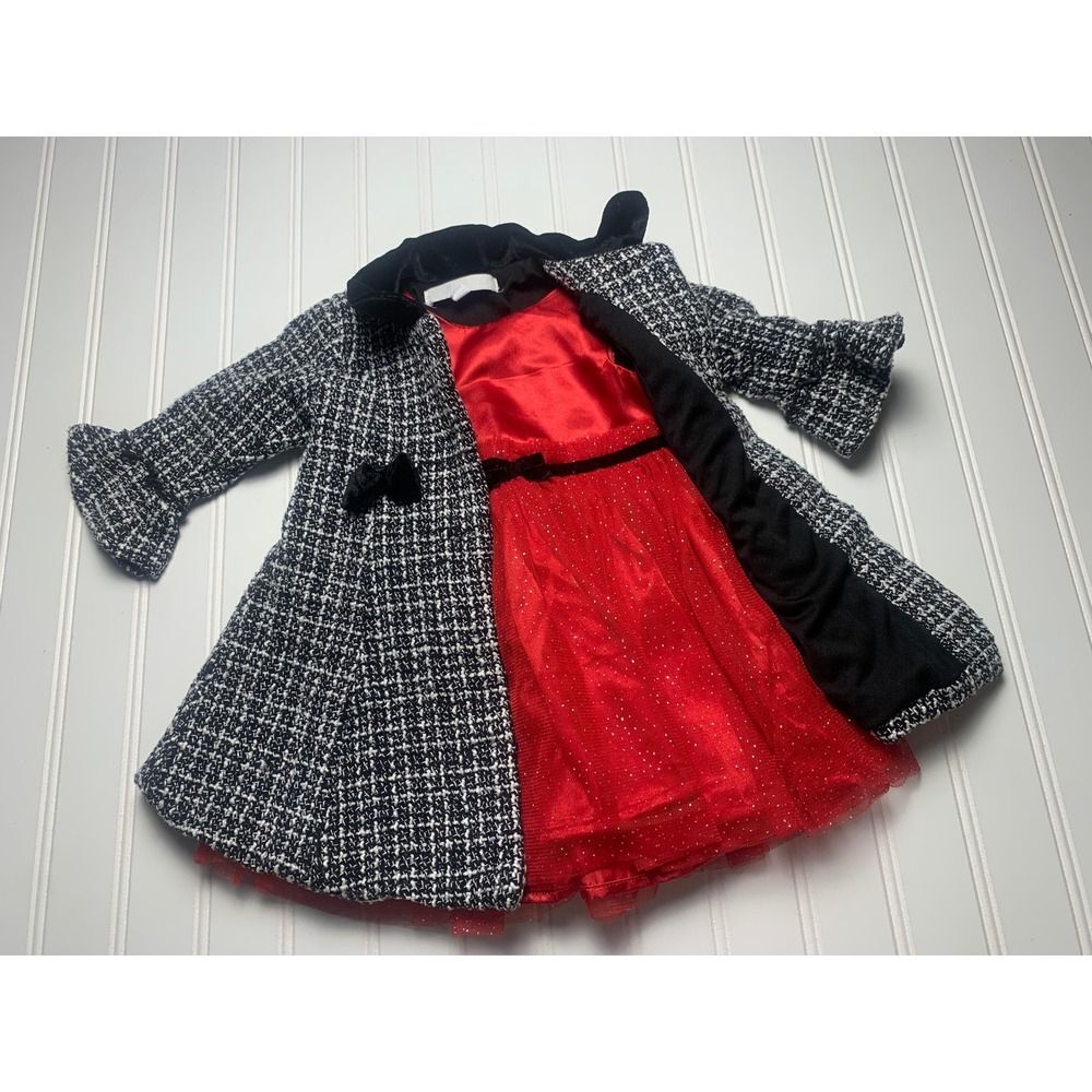 Girls Black White Tweed Dress Coat Outfit Party Holiday Cute 12MO